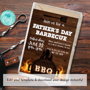 May include: A Father's Day Barbecue invitation with a rustic wood-grain background. The invitation features text in white, including the event details and a BBQ grill graphic with flames. Includes the text "Personalize with Corjl!"