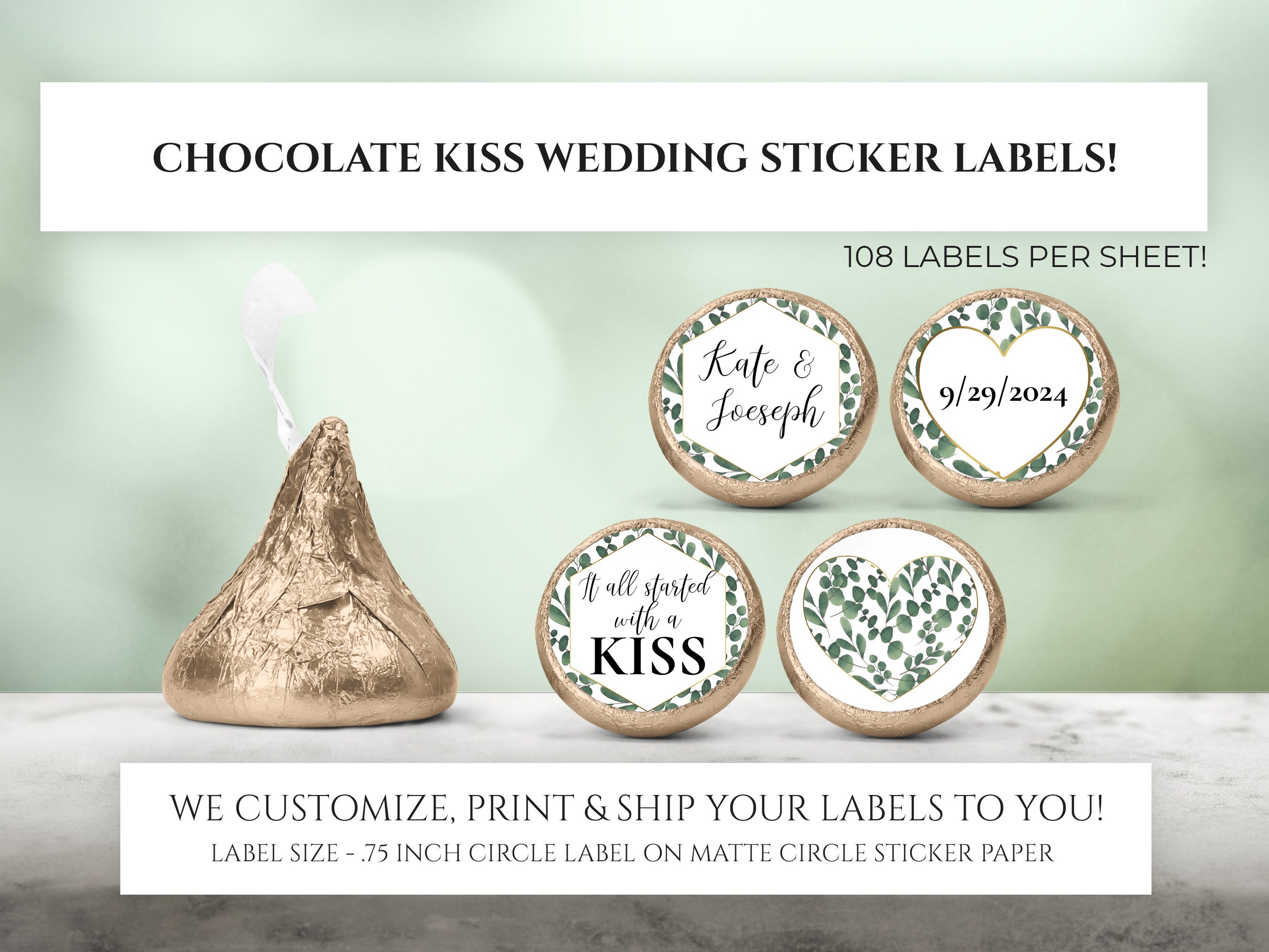 Printed Chocolate Kiss Stickers Personalized Greenery Wedding Party Favors,  Custom Wedding Chocolate Kisses, Custom Candy Labels Decor - Etsy