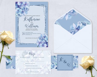 Hydrangea Wedding Invitation Bundle, Printable Suite, Wedding Invitation Templates, Personalized Wedding Invitation Bundle, Blue Invites