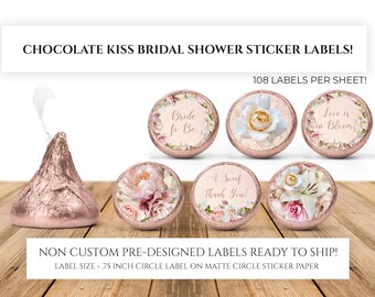 Chocolate Kiss Stickers, Pink Floral Bridal Shower Kiss Sticker, Bride To Be Stickers, Pink & Cream Shower Favors, Pink Tea Party Shower