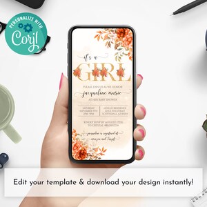 Orange Flowers and Gold Glitter Baby Shower Smartphone Editable Invitation, It&#39;s a Girl Fall Baby Shower Invitation Template, Download Today