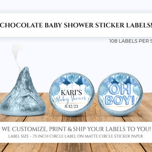 Stickers bébé baiser chocolaté Oh - cadeaux de naissance bleus personnalisés, baisers scintillants pour baby shower, étiquette de bonbon personnalisée ballons Boy Shower
