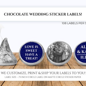 Printed Chocolate Kiss Stickers - Personalized Photo Wedding Favors, Glitter Color Chocolate Kisses, Custom Label Party Decor