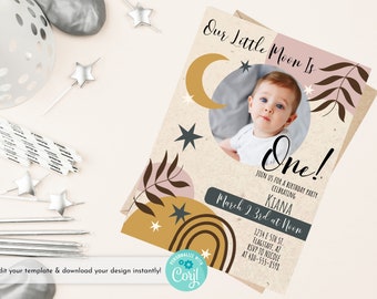 Editable Moon Child Boho Birthday Party Invitation Photo Boho Retro Groovy Hippie Floral First Birthday Party Party Instant 5x7 Download