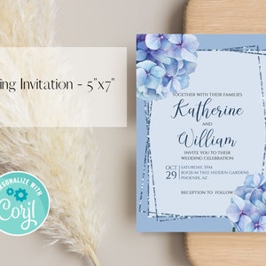 Hydrangea Blue Printable Wedding Invitation, Wedding Invitation Template, Personalized Wedding Invitation, Blue Invite, Blue Theme Wedding