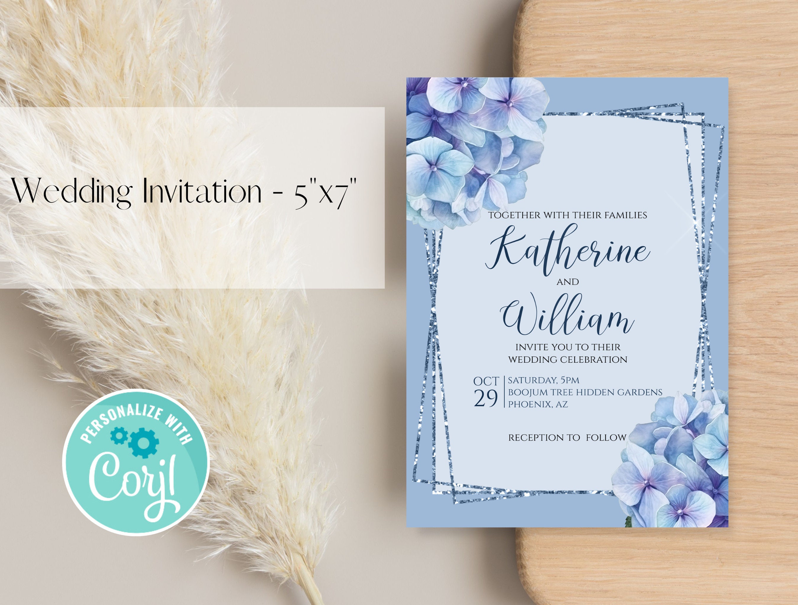 Hydrangea Blue Printable Wedding Invitation, Wedding Invitation