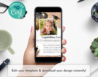 May include: A smartphone displays a graduation announcement template. The design features a photo of a child, gold and black balloons, and the text "Congratulations Cici! Our 2023 Kindergarten Graduate!" The invitation includes party details and the option to edit and download.