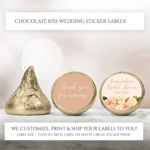 Printed Chocolate Kiss Stickers - Personalized Pink Floral Wedding Favors, Flower Bridal Shower Kisses, Custom Candy Label Roses Wedding