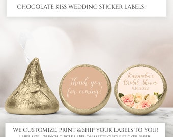 Printed Chocolate Kiss Stickers - Personalized Pink Floral Wedding Favors, Flower Bridal Shower Kisses, Custom Candy Label Roses Wedding