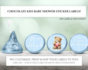 Gedruckte Schokoladenkuss-Aufkleber - personalisierte Babypartybevorzugungen, Jungen-Babyparty, benutzerdefinierte Süßigkeitsetiketten-Bär-Babyparty