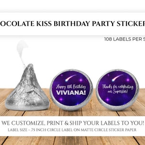 Bedrukte Chocolate Kiss Stickers, Gepersonaliseerde Galaxy Birthday Party Gunsten, Purple Galaxy Birthday Party Kisses, Custom Candy Label