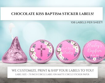 Printed Chocolate Kiss Stickers - Personalized Baptism Party Favors, Custom Christening Chocolate Kisses, Custom Candy Label Party Decor