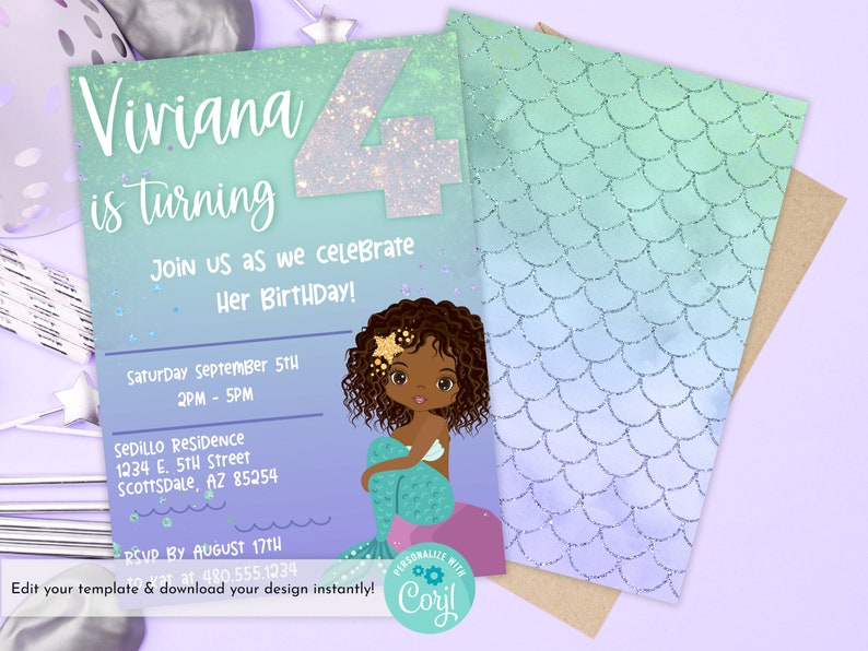 Mermaid Birthday Party Invitation Editable 5x7 Birthday Invitation Template African American Mermaid Mermaid Digital