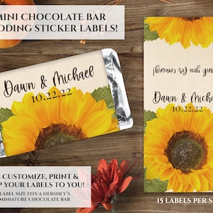 Personalized Candy Bar Wrapper for Miniature Chocolates - Sunflower Wedding Favors, Bridal Shower, Custom Candy Label Sunflower 45 Labels