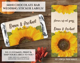 Invólucro de barra de chocolate personalizado para chocolates em miniatura - lembrancinhas de casamento de girassol, chá de panela, etiqueta de doces personalizada girassol 45 etiquetas