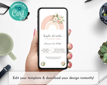 May include: A smartphone displays a birthday invitation with a watercolor rainbow and floral design. The invitation reads "Hayden Alexandra is turning three!" and includes event details. The image also includes the text "Edit your template & download your design instantly!"