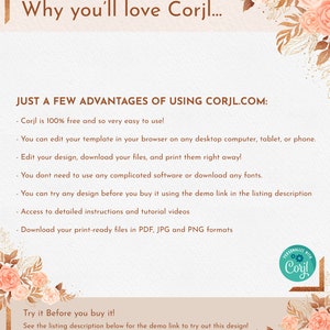 May include: A digital advertisement with the text "Why you'll love Corjl..." and a list of advantages. The design features floral accents in shades of gold and peach, with the Corjl logo in the bottom right corner.