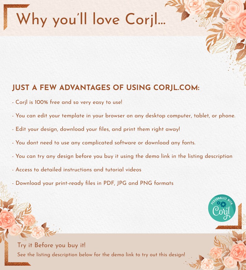 May include: A digital advertisement with the text "Why you'll love Corjl..." and a list of advantages. The design features floral accents in shades of gold and peach, with the Corjl logo in the bottom right corner.