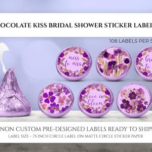 Chocolate Kiss Sticker, Miss to Mrs, Dried Flower Wedding Favor, Purple Pressed Flower Bridal Shower, Candy Labels Dried Floral Wedding