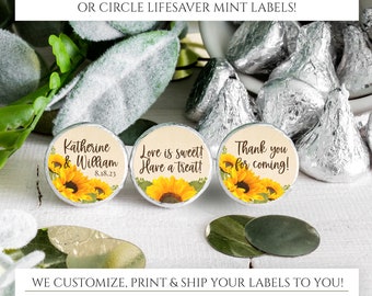 Adesivos impressos de beijo de chocolate - lembrancinhas personalizadas de casamento de girassol, chá de panela de girassol, etiqueta personalizada de doces casamento de girassol