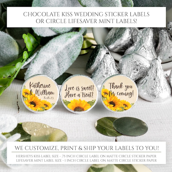 Printed Chocolate Kiss Stickers - Personalized Sunflower Wedding Favors, Sunflower Bridal Shower, Custom Candy Label Sunflower Wedding