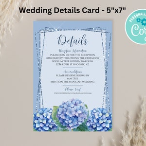 Hydrangea Blue Printable Wedding Details Card, Wedding Invitation Details Template, Personalized Details Card, Blue Hydrangea Theme Wedding