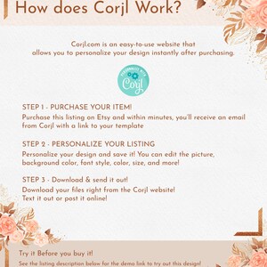May include: A beige graphic with text explaining how Corjl works. The steps include purchasing on Etsy, personalizing the design, and downloading the files. The design includes floral accents and the Corjl logo.