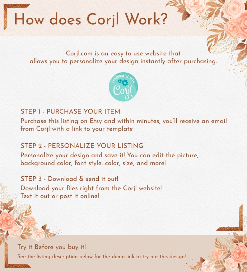 May include: A beige graphic with text explaining how Corjl works. The steps include purchasing on Etsy, personalizing the design, and downloading the files. The design includes floral accents and the Corjl logo.