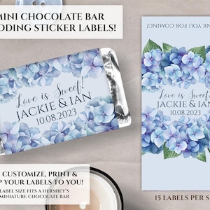 Personalized Floral Wedding Candy Bar Wrapper for Miniature Chocolates, Hydrangea Wedding Favors, Custom Bridal Shower, Mini Chocolates