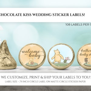 Gedrukte chocoladekusstickers, gepersonaliseerde Winnie de Pooh-bedankjes voor babyshower, babyshowerkusjes, aangepast snoeplabel vintage Pooh Baby