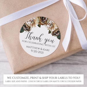 Beige Magnolia and Rose Personalized Wedding Favor Stickers - Wedding Thank You Labels - Party Favor Labels - Custom Thank You Labels