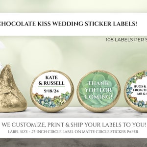 Stickers imprimés baiser en chocolat - Succulents cadeaux de fête de mariage vert, succulentes bisous en chocolat de mariage, décoration de fête étiquette de bonbon personnalisée