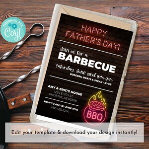 Vatertag BBQ Party Barbecue Neon Einladung Editierbare 5x7 Corjl Vorlage Einladung druckbare Invite Dekoration Corjl Digital Download