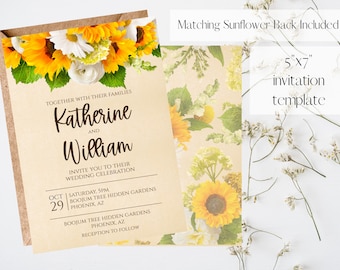 Invitación de boda de girasol, plantilla de invitación imprimible, invitación de boda personalizada, invitación blanca y amarilla, tema de girasol