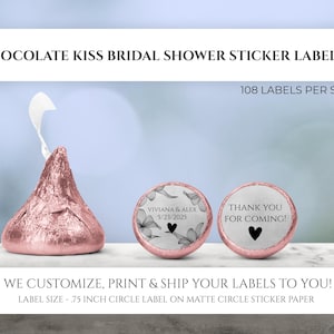 Printed Chocolate Kiss Stickers, Black & Gray Wedding Party Favors, Heart Kiss Stickers, Custom Candy Label, Minimalist Wedding Favors