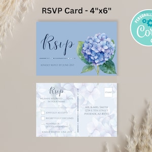 Hydrangea Blue Printable RSVP Card, Wedding Invitation Template, Personalized RSVP, Hydrangea RSVP, Blue Invite, Blue Theme Wedding