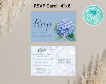 Hydrangea Blue Printable RSVP Card, Wedding Invitation Template, Personalized RSVP, Hydrangea RSVP, Blue Invite, Blue Theme Wedding