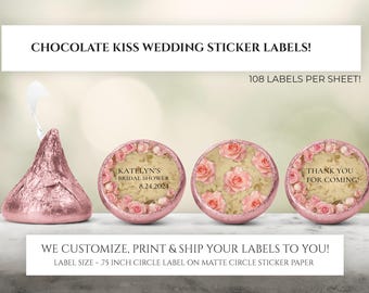Printed Chocolate Kiss Stickers, Personalized Pink Floral Vintage Wedding Favors, Rose Bridal Shower Kisses, Custom Candy Label Roses