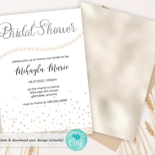 Bridal Shower Editable Invitation, 5x7 Printable Electronic Invite, Pearl Bridal Shower Invitation Template, Feminine Bridal Shower