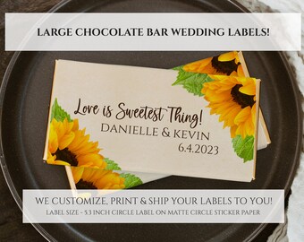 Envoltório personalizado de barra de chocolate em tamanho real para barras de chocolate - lembrancinhas de casamento de girassol, chá de panela, etiqueta de doces personalizada, etiquetas de girassol
