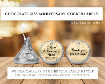 Printed Chocolate Kiss Stickers - Personalized 50th Anniversary Party Favors, Golden Anniversary Kisses, Custom Candy Label Party Decor