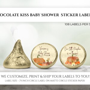 Bedrukte chocoladekusstickers, gepersonaliseerde pompoenbabyshowergunsten, onze kleine pompoen is onderweg douchekusjes, aangepast snoeplabel