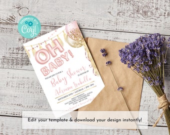 May include: A baby shower invitation with the words "OH BABY!" in pink balloon-style letters. The invitation includes details for Adriana Isabella's baby shower. A bundle of lavender and a brown envelope are also in the image.