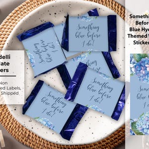 Chocolate Ghiradelli Stickers, Something Blue Before I Do, Hydrangea Wedding Favors, Hydrangea Bridal Shower, Generic Blue Hydrangea Wedding