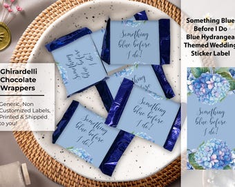 Schokoladen-Ghiradelli-Aufkleber, etwas Blaues, bevor ich tue, Hortensien-Gastgeschenke, Hortensien-Brautparty, generische blaue Hortensien-Hochzeit