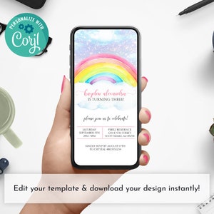 Rainbow Birthday Invitation, Rainbow Smartphone Invite, Rainbow Party Invitation, Editable Rainbow Invitation, Rainbow and Sparkles Invite