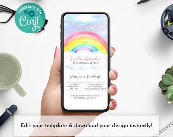 Rainbow Birthday Invitation, Rainbow Smartphone Invite, Rainbow Party Invitation, Editable Rainbow Invitation, Rainbow and Sparkles Invite