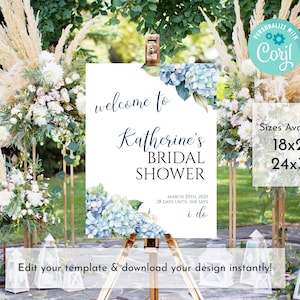 Hydrangea Editable Wedding Sign Template, Customizable Welcome Sign, Blue Hydrangea Bridal Shower, Decor Corjl Template Digital Download