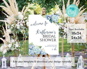 Hydrangea Editable Wedding Sign Template, Customizable Welcome Sign, Blue Hydrangea Bridal Shower, Decor Corjl Template Digital Download