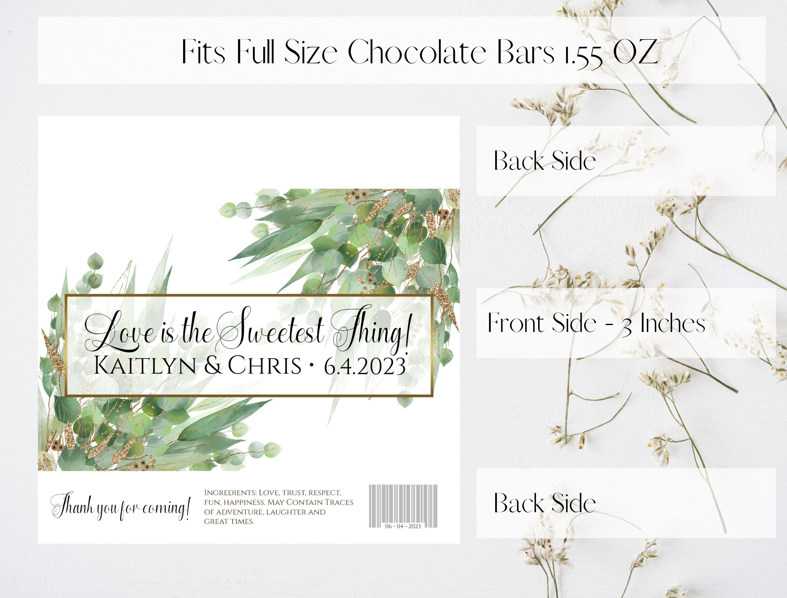 Personalized Full Size Candy Bar Wrapper for Chocolate Bars - Greenery ...